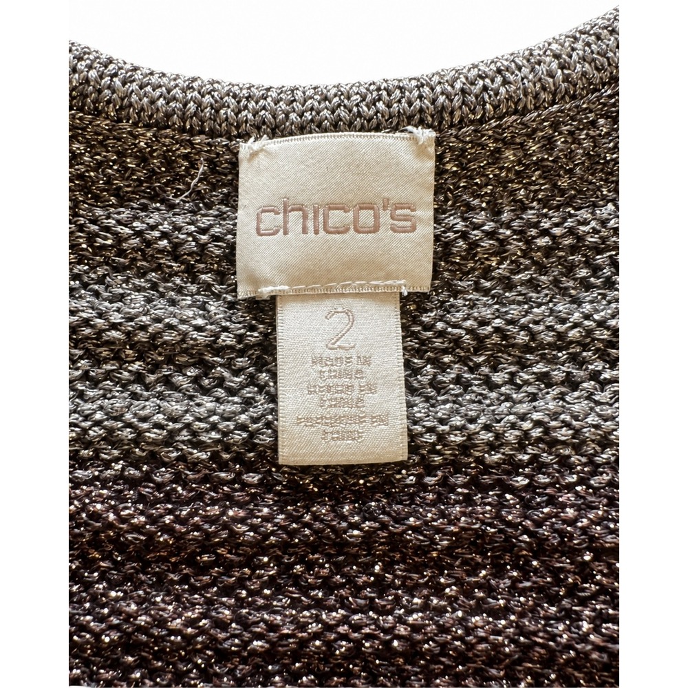 Chicos Metallic Striped Longline Cardigan Black Cream Brown Open Front Size 2 - Picture 5 of 7